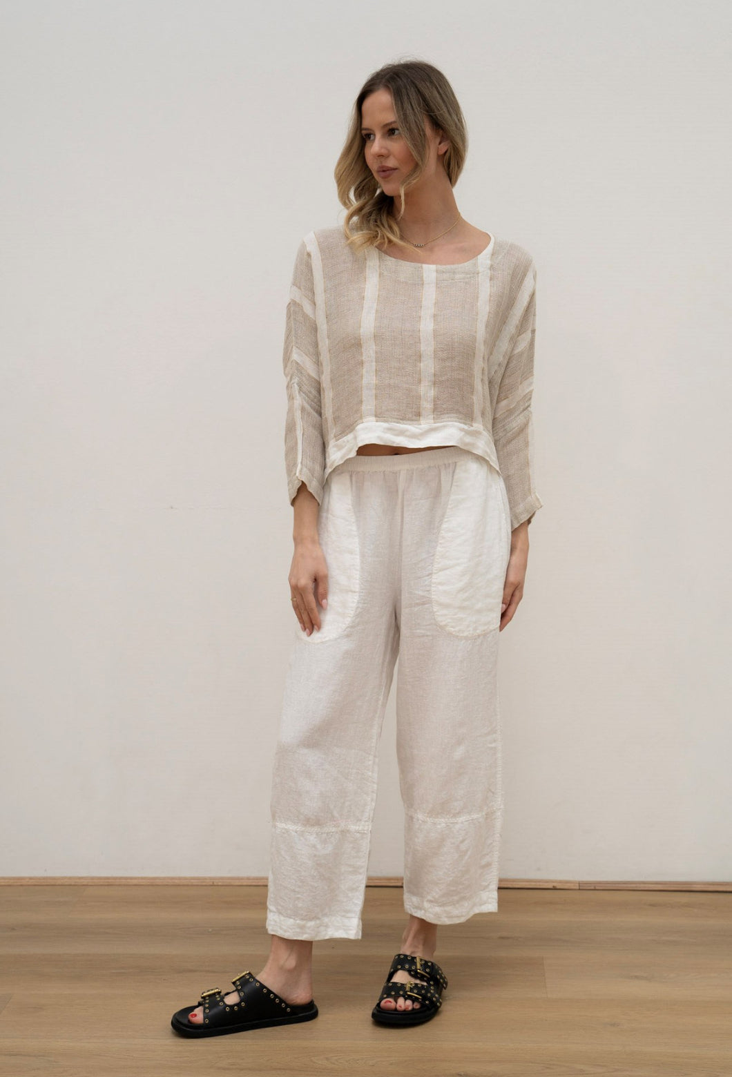 RUSTIC Linen - Elena Crop Top - Natural White w Gold Strand