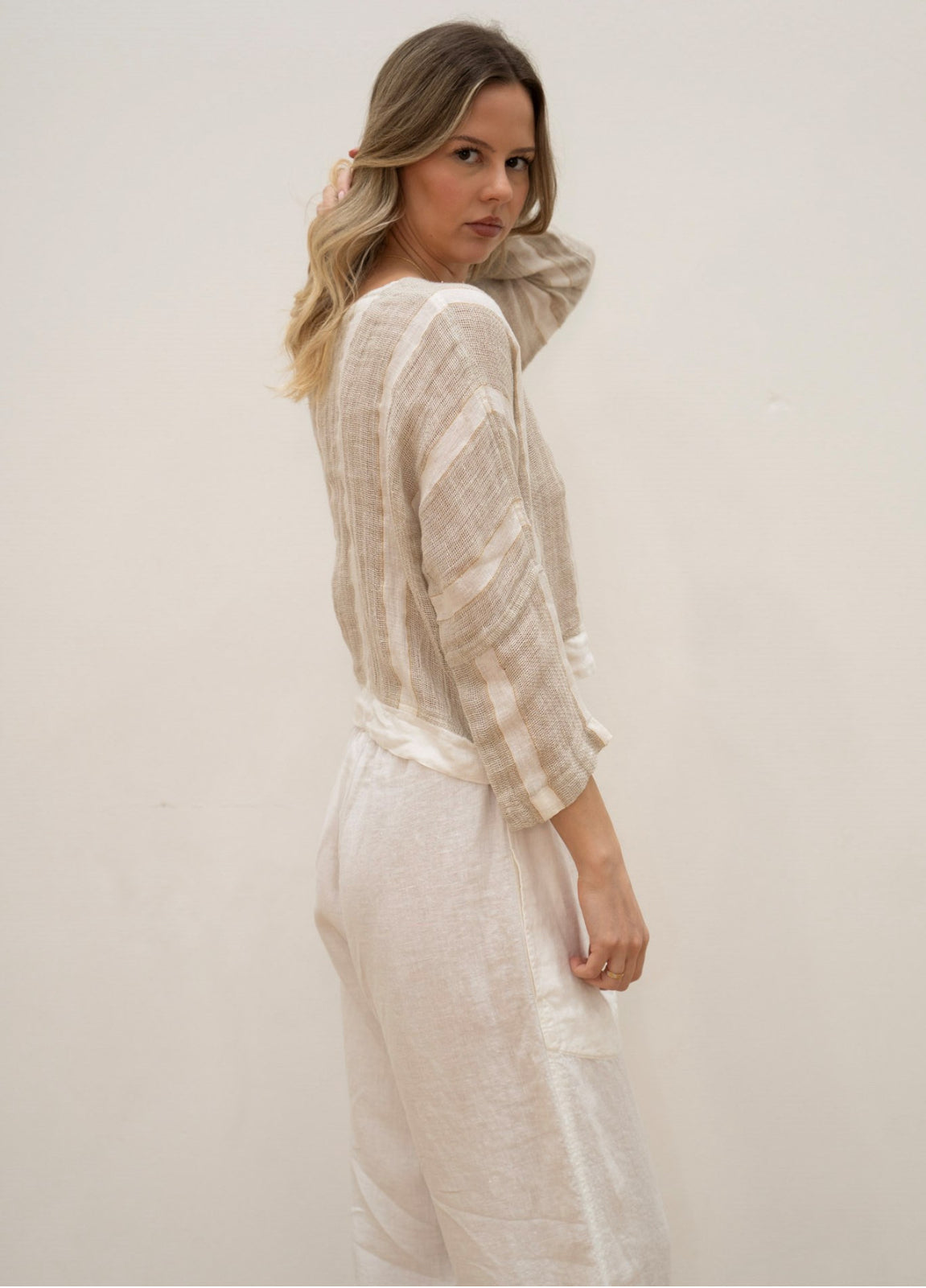 RUSTIC Linen - Elena Crop Top - Natural White w Gold Strand