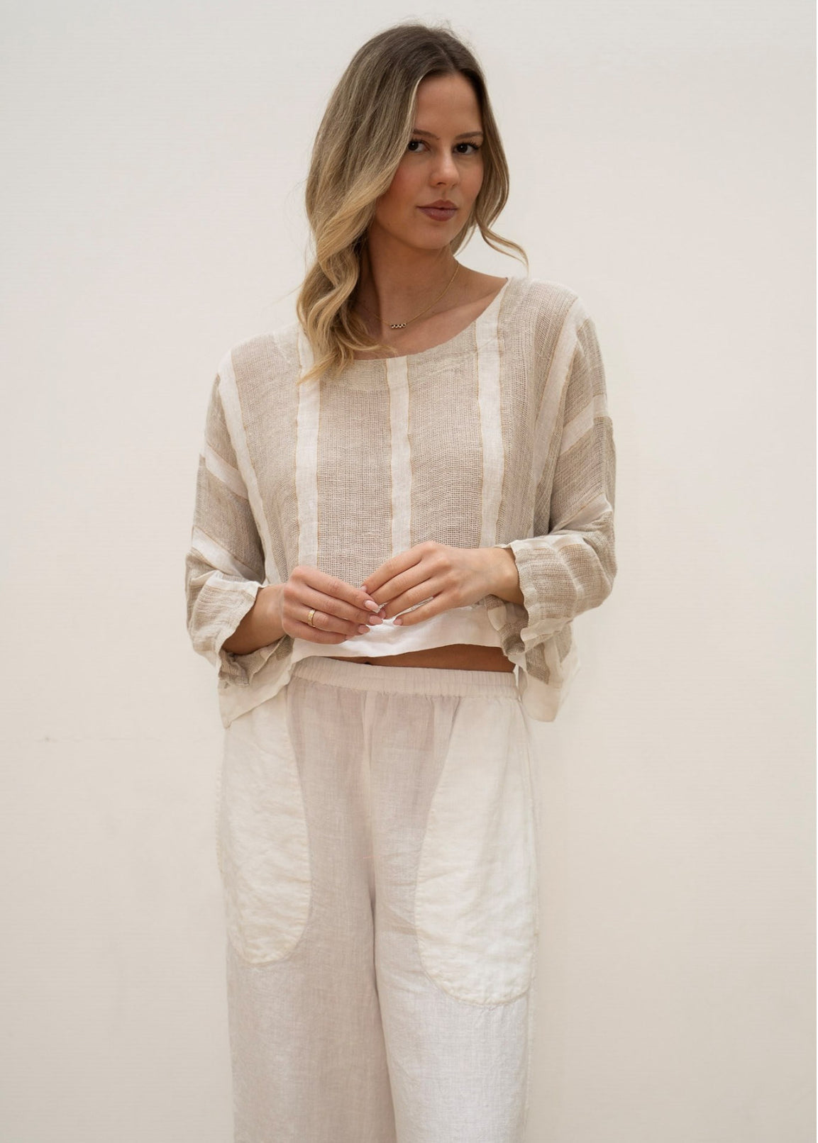 RUSTIC Linen - Elena Crop Top - Natural White w Gold Strand