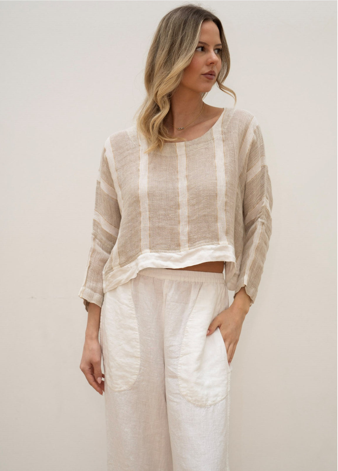 RUSTIC Linen - Elena Crop Top - Natural White w Gold Strand