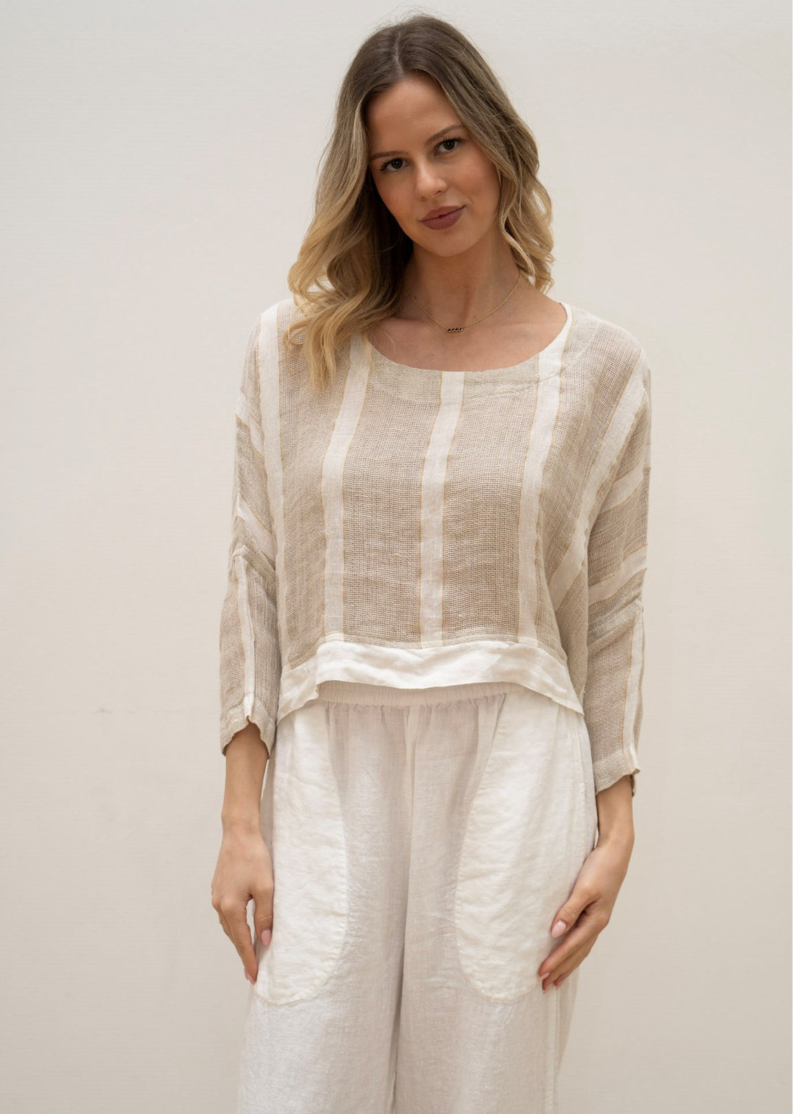 RUSTIC Linen - Elena Crop Top - Natural White w Gold Strand