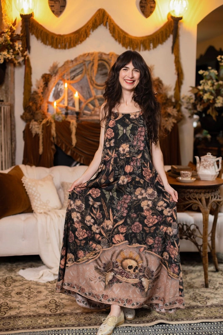 PRE-ORDER - Market Of Stars - Momento - Long Maxi Bohéme Slip Dress - Floral & Skull