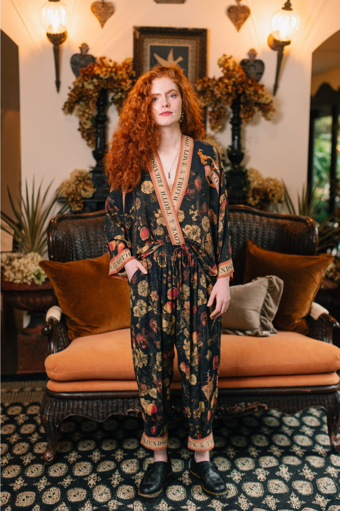 Market Of Stars - ‘Heart of Gold’ Cropped Poet Pant - Florals & Sacred Heart