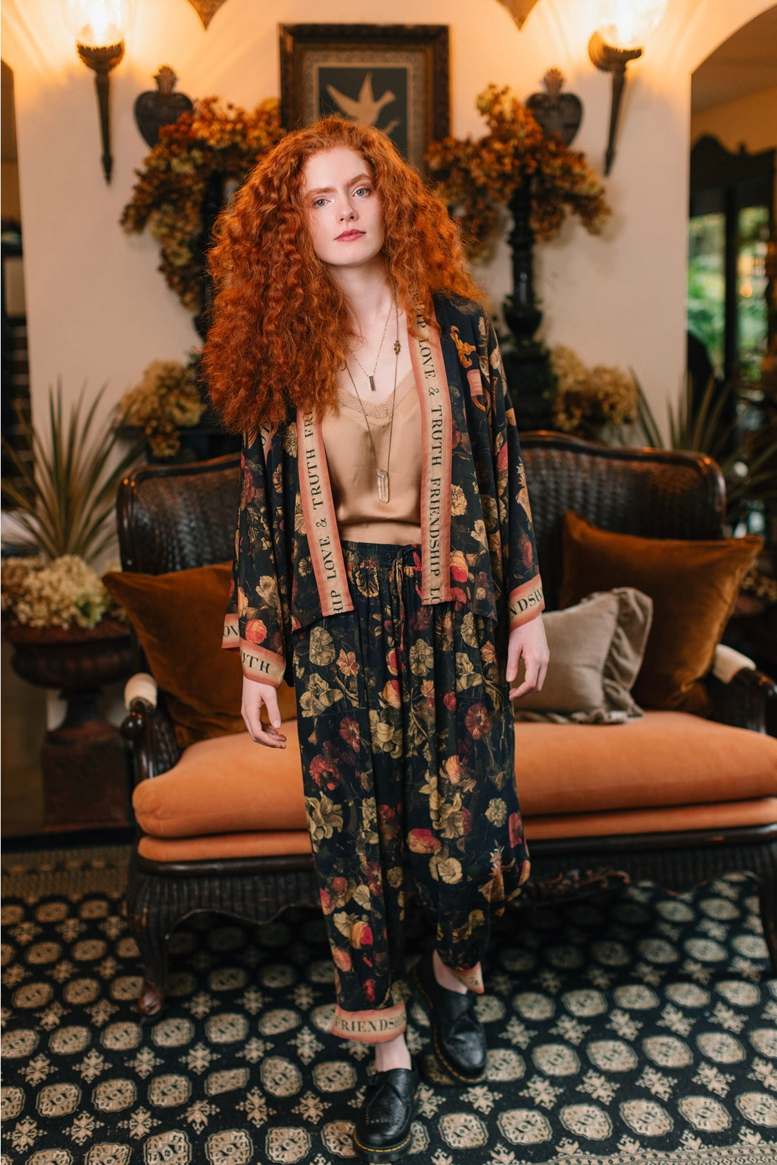 Market Of Stars - ‘Heart of Gold’ Cropped Poet Pant - Florals & Sacred Heart
