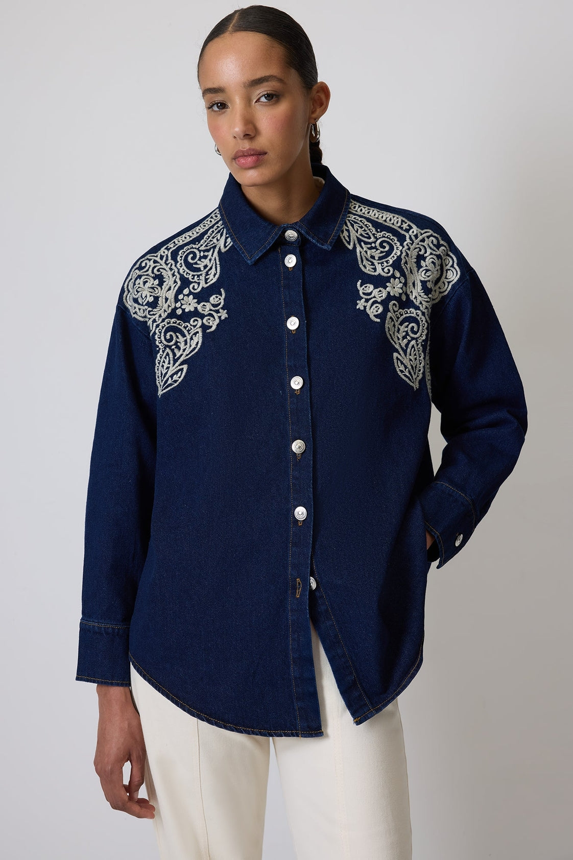 Western Inspired Embroidered Denim Shirt - Dark Wash