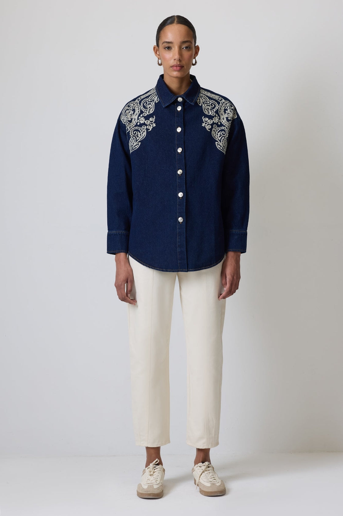 Western Inspired Embroidered Denim Shirt - Dark Wash