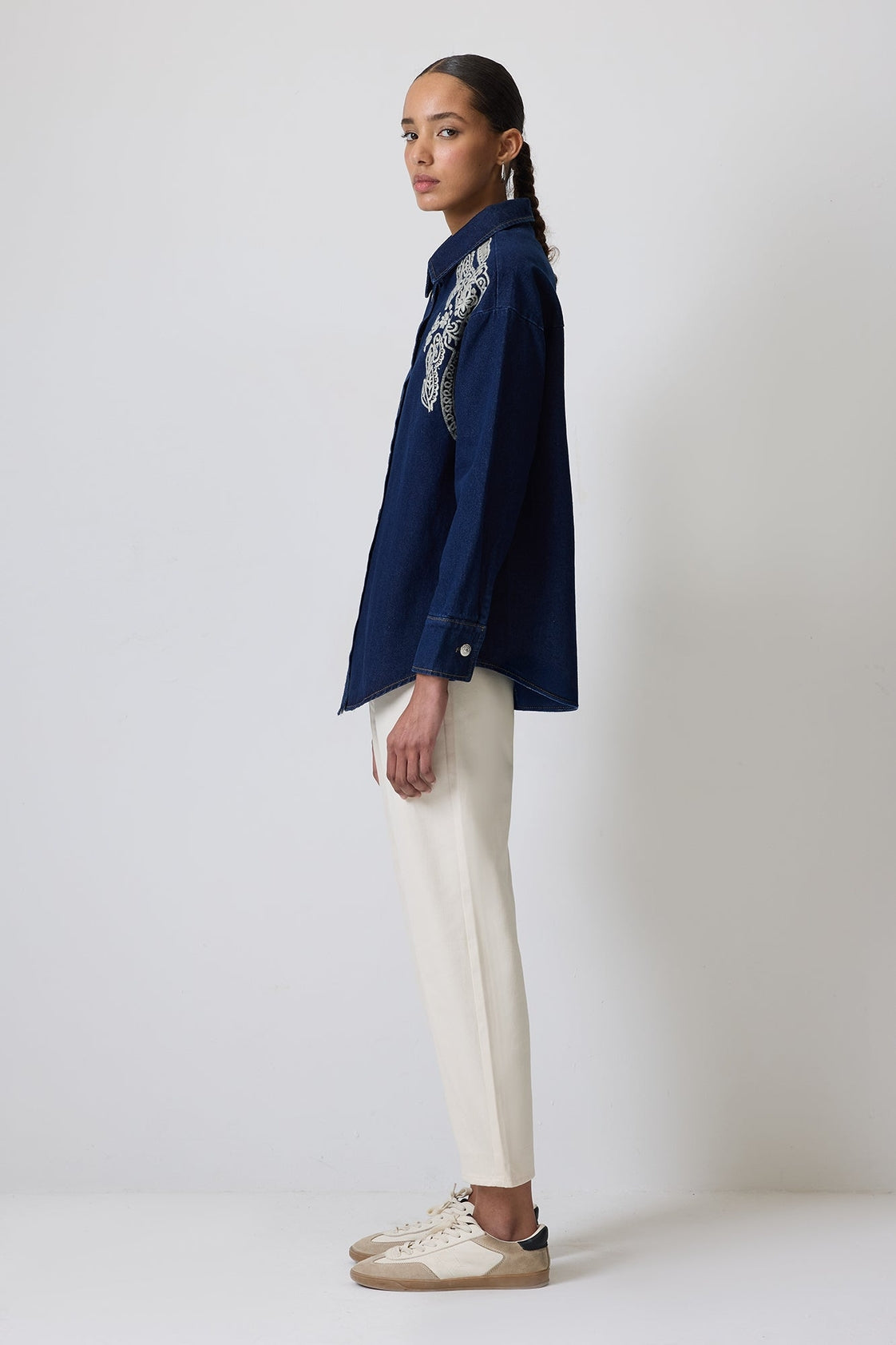 Western Inspired Embroidered Denim Shirt - Dark Wash