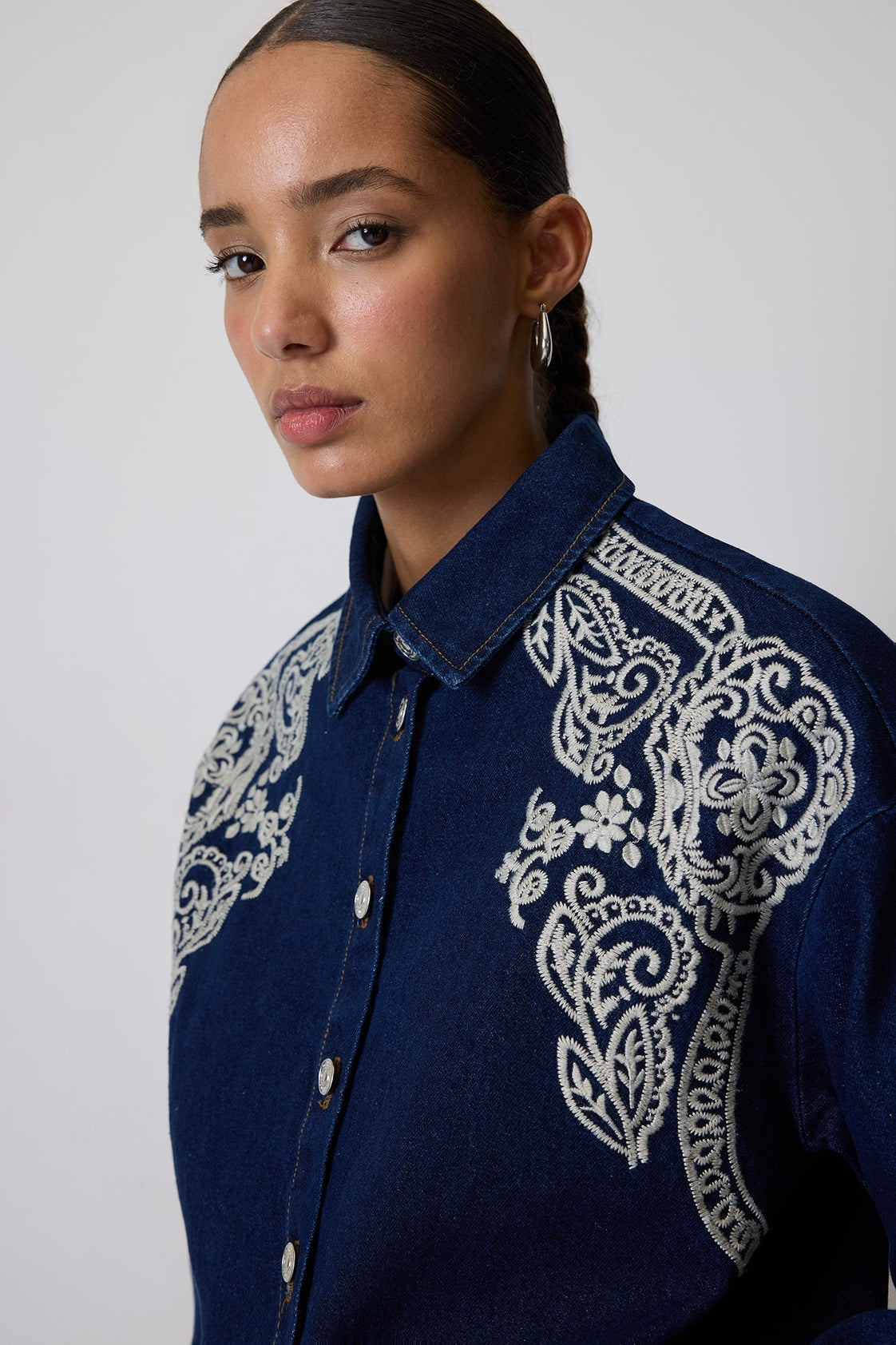 Western Inspired Embroidered Denim Shirt - Dark Wash