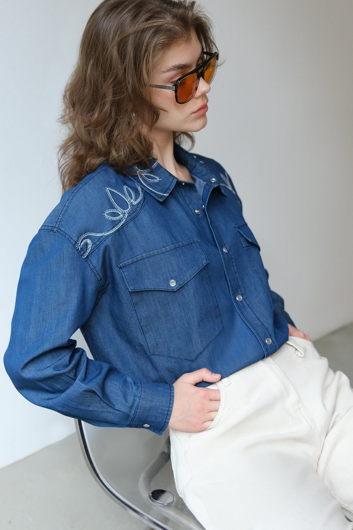 Embroidered Denim Cotton Shirt Western Inspired - Denim Blue