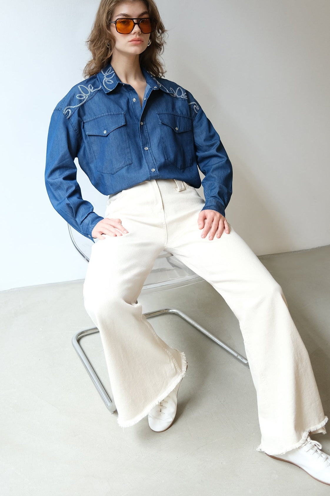Embroidered Denim Cotton Shirt Western Inspired - Denim Blue