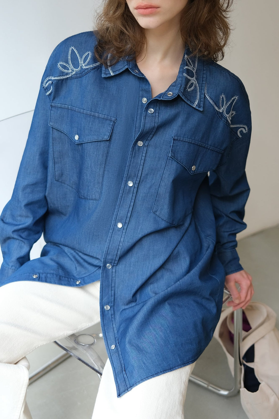 Embroidered Denim Cotton Shirt Western Inspired - Denim Blue