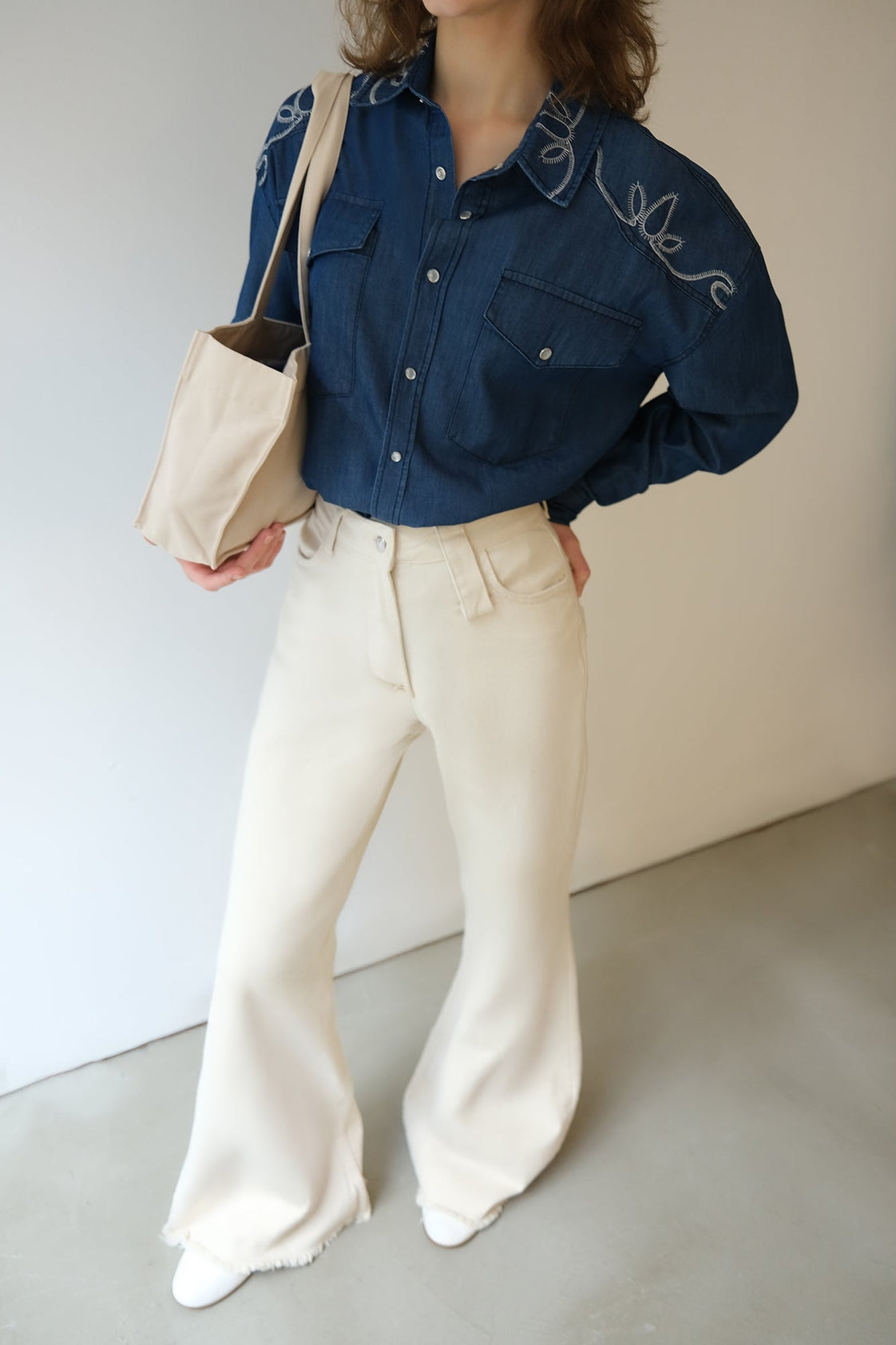 Embroidered Denim Cotton Shirt Western Inspired - Denim Blue