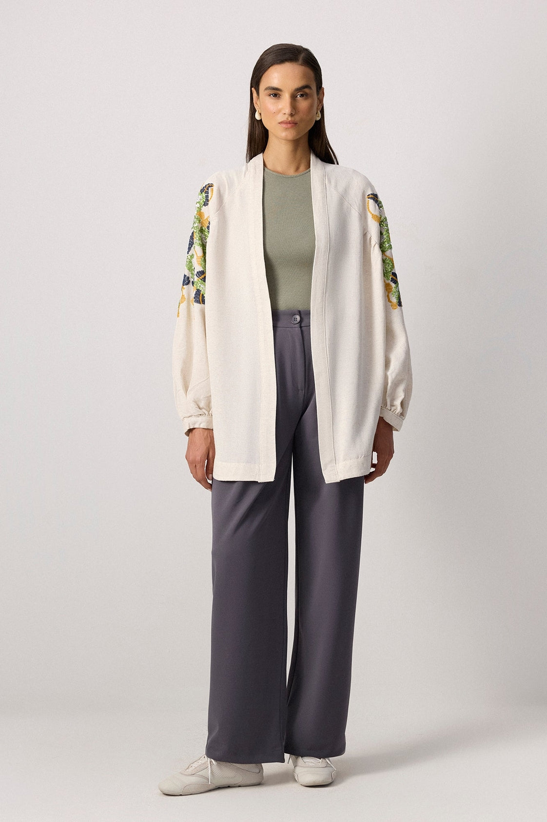 Embroidered Kimono Jacket – Cream
