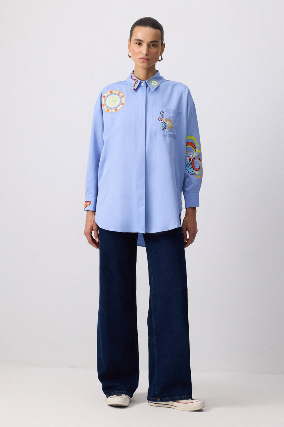Boho Embroidered Cotton Blend Oversized Shirt - Blue