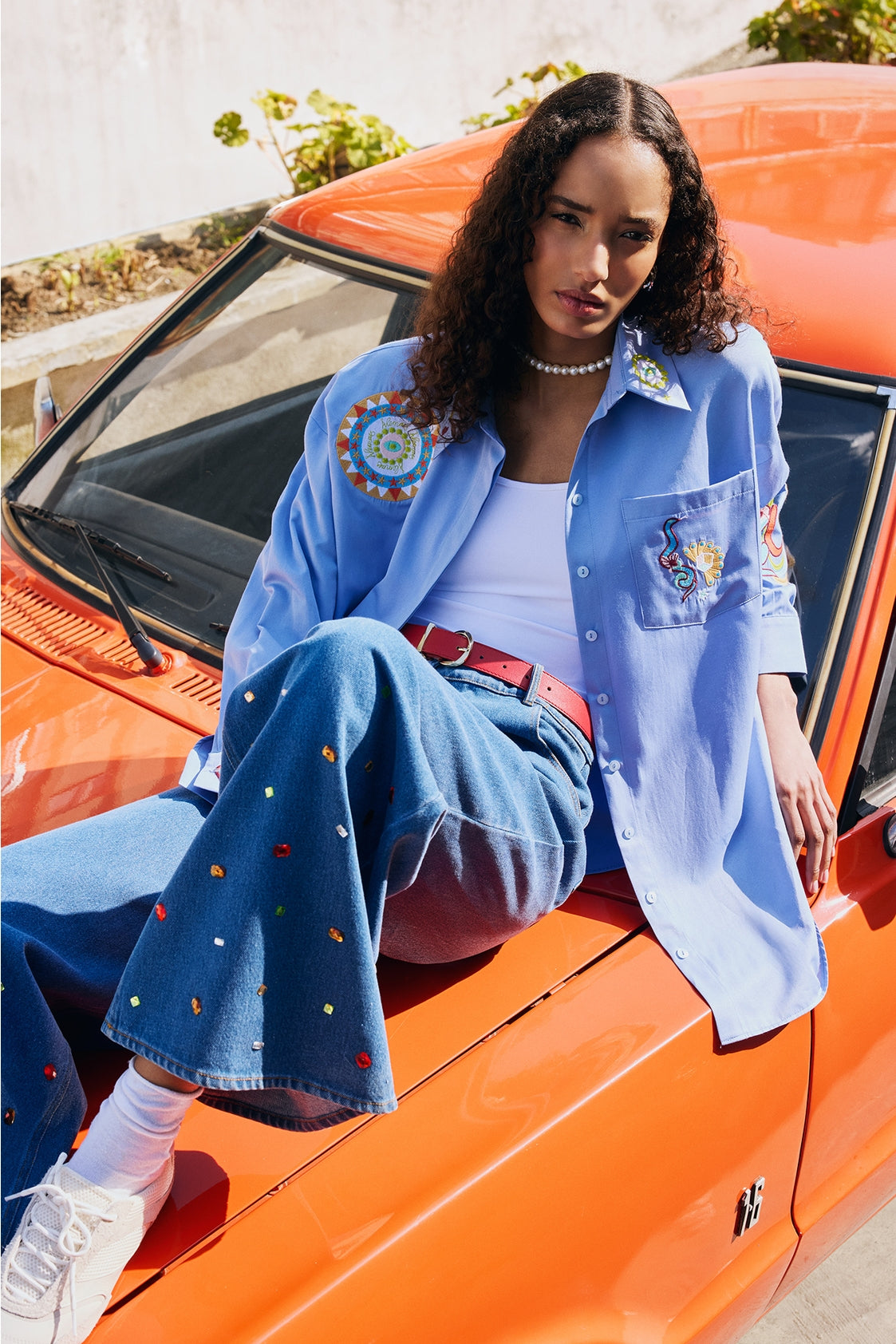 Boho Embroidered Cotton Blend Oversized Shirt - Blue