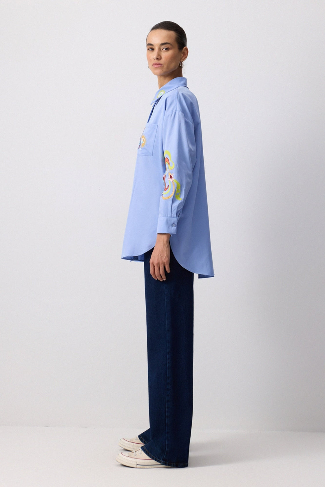 Boho Embroidered Cotton Blend Oversized Shirt - Blue
