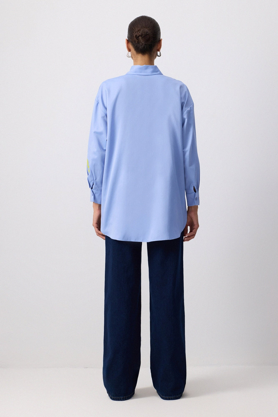 Boho Embroidered Cotton Blend Oversized Shirt - Blue