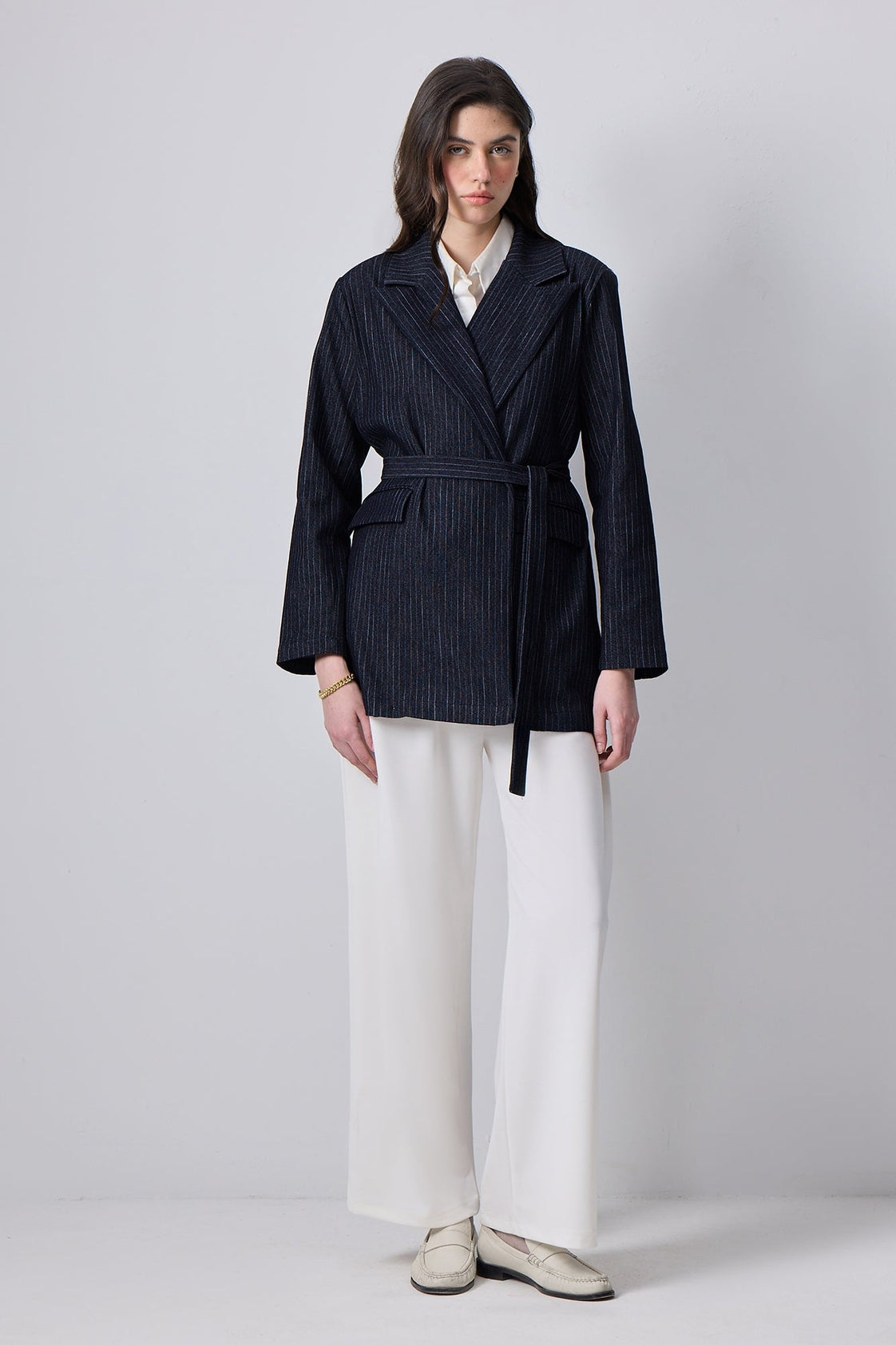 Pinstripe Belted Denim Jacket  Tailored Fit - Black Denim