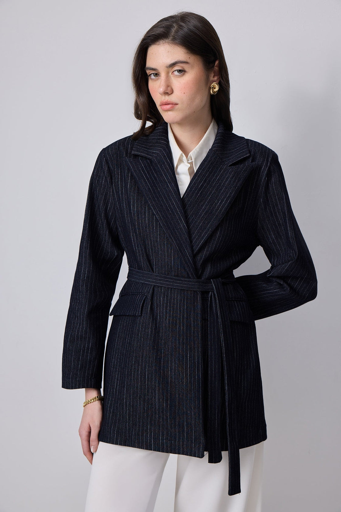 Pinstripe Belted Denim Jacket  Tailored Fit - Black Denim