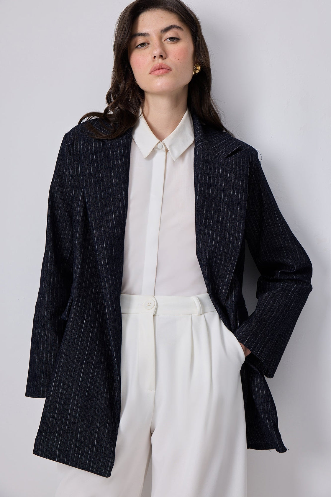 Pinstripe Belted Denim Jacket  Tailored Fit - Black Denim