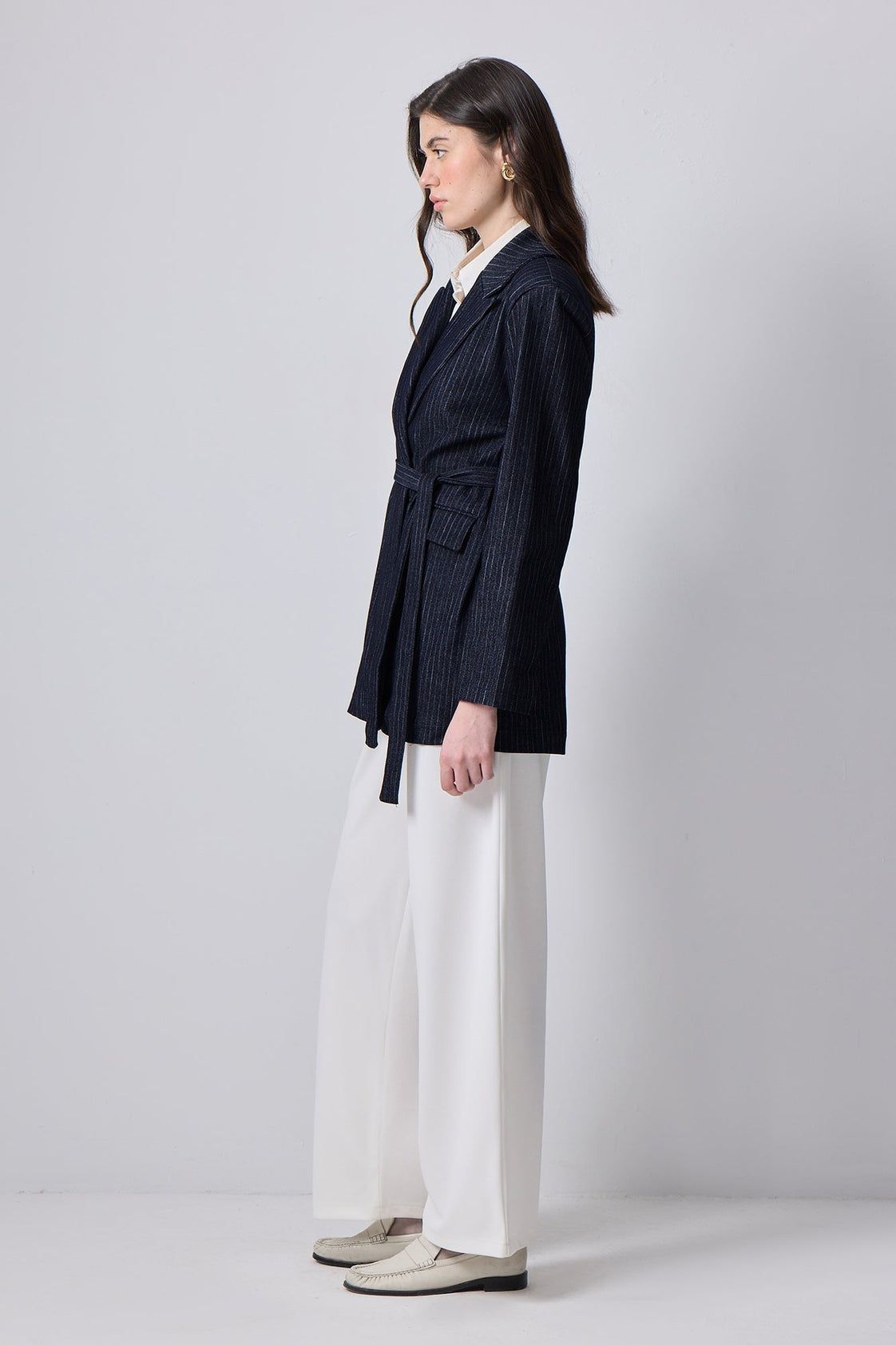Pinstripe Belted Denim Jacket  Tailored Fit - Black Denim