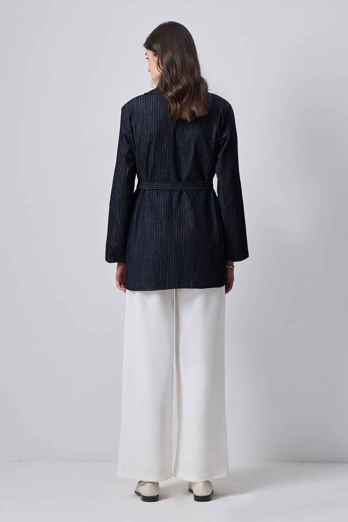 Pinstripe Belted Denim Jacket  Tailored Fit - Black Denim