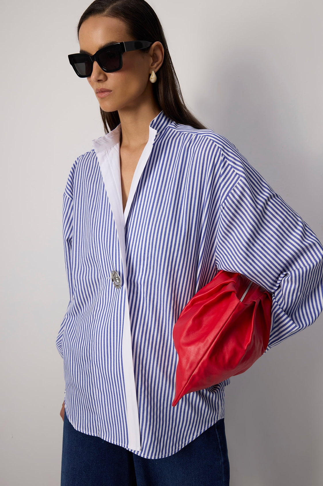 Striped Asymmetric Tunic Shirt with Gold Button - Blue Stripe