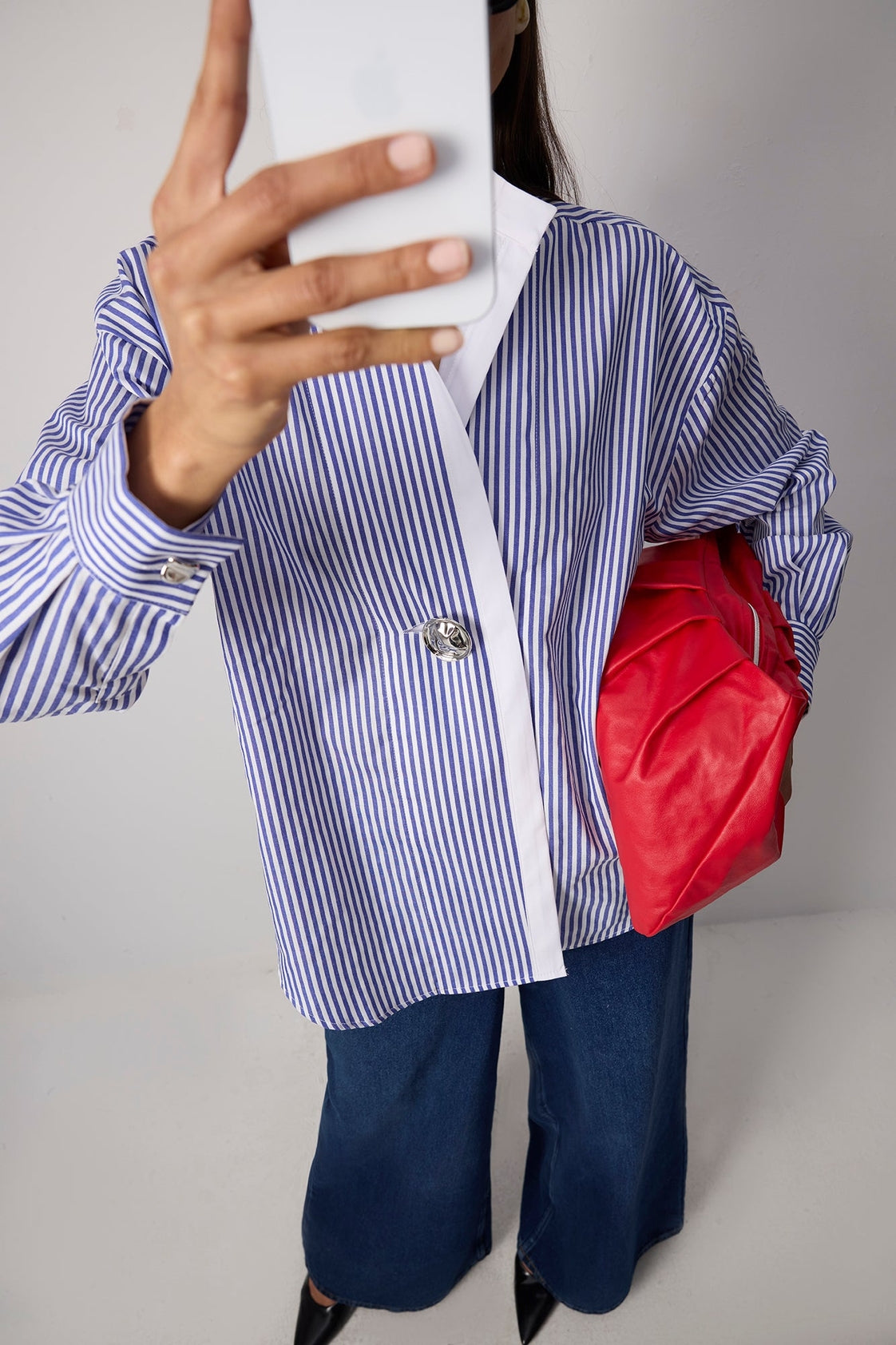 Striped Asymmetric Tunic Shirt with Gold Button - Blue Stripe