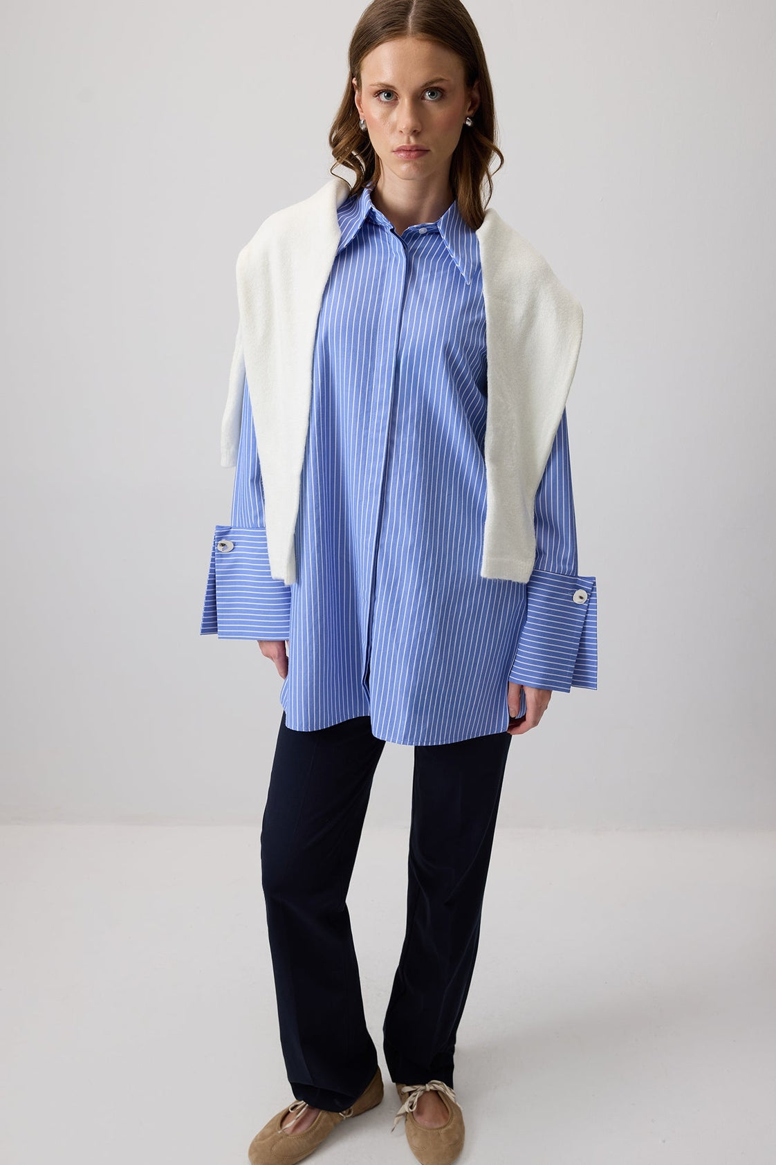 Striped Oversized Shirt with Wide Cuffs – Blue