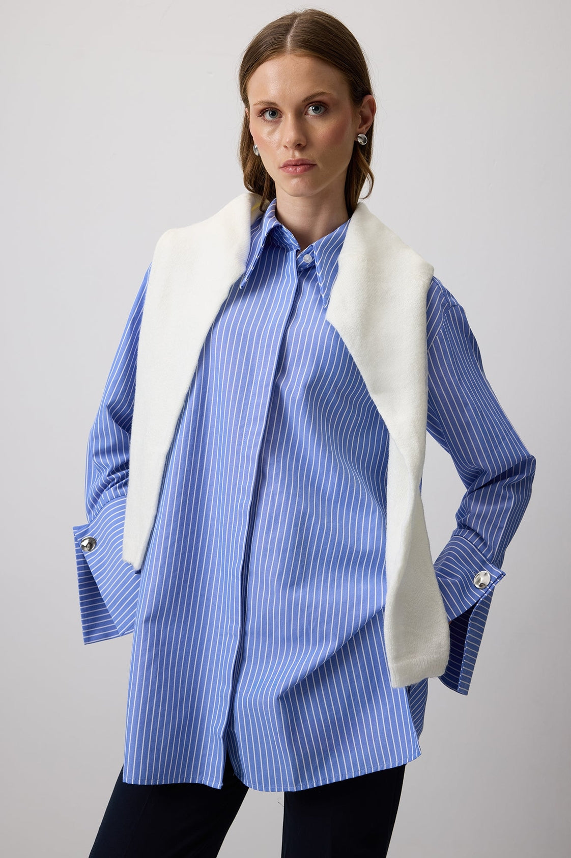 Striped Oversized Shirt with Wide Cuffs – Blue