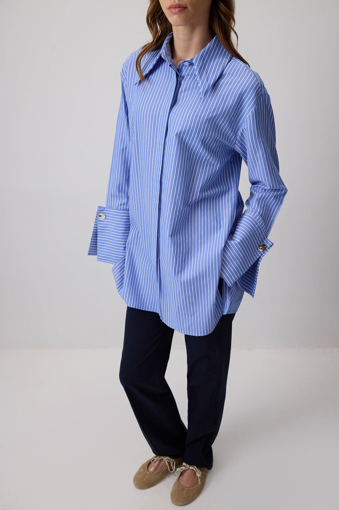 Striped Oversized Shirt with Wide Cuffs – Blue