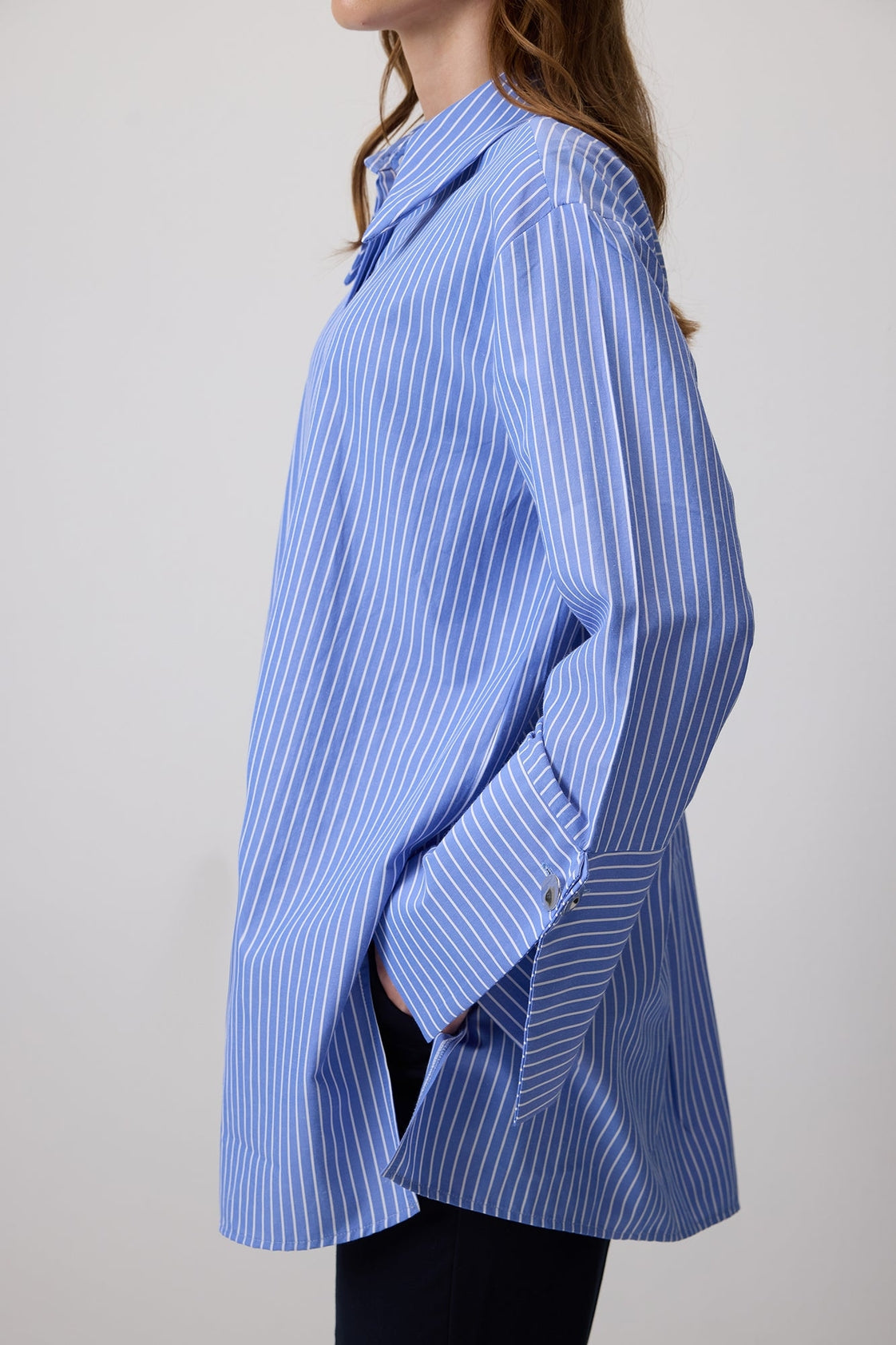Striped Oversized Shirt with Wide Cuffs – Blue
