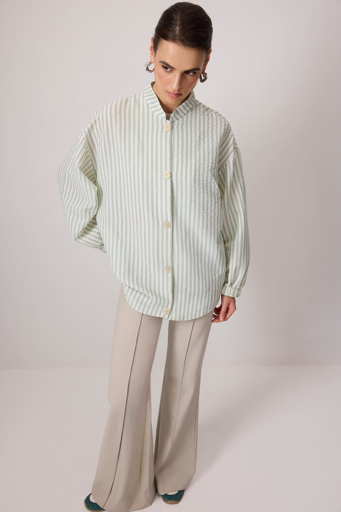 Striped Mandarin Collar Button Down Shirt - Green