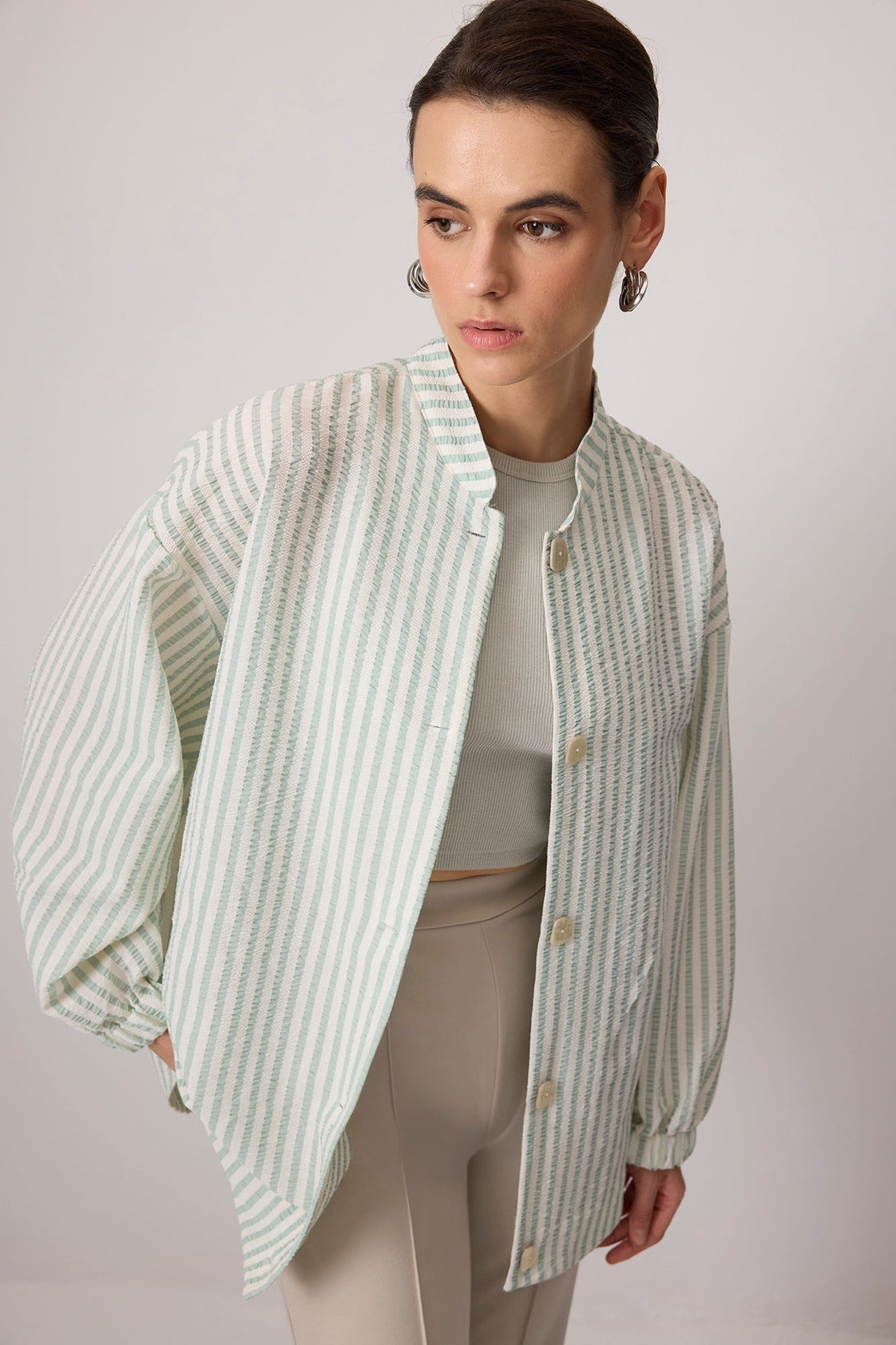 Striped Mandarin Collar Button Down Shirt - Green