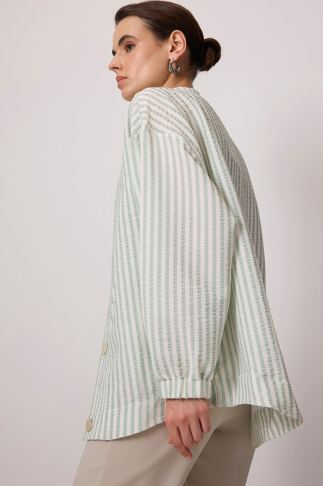 Striped Mandarin Collar Button Down Shirt - Green