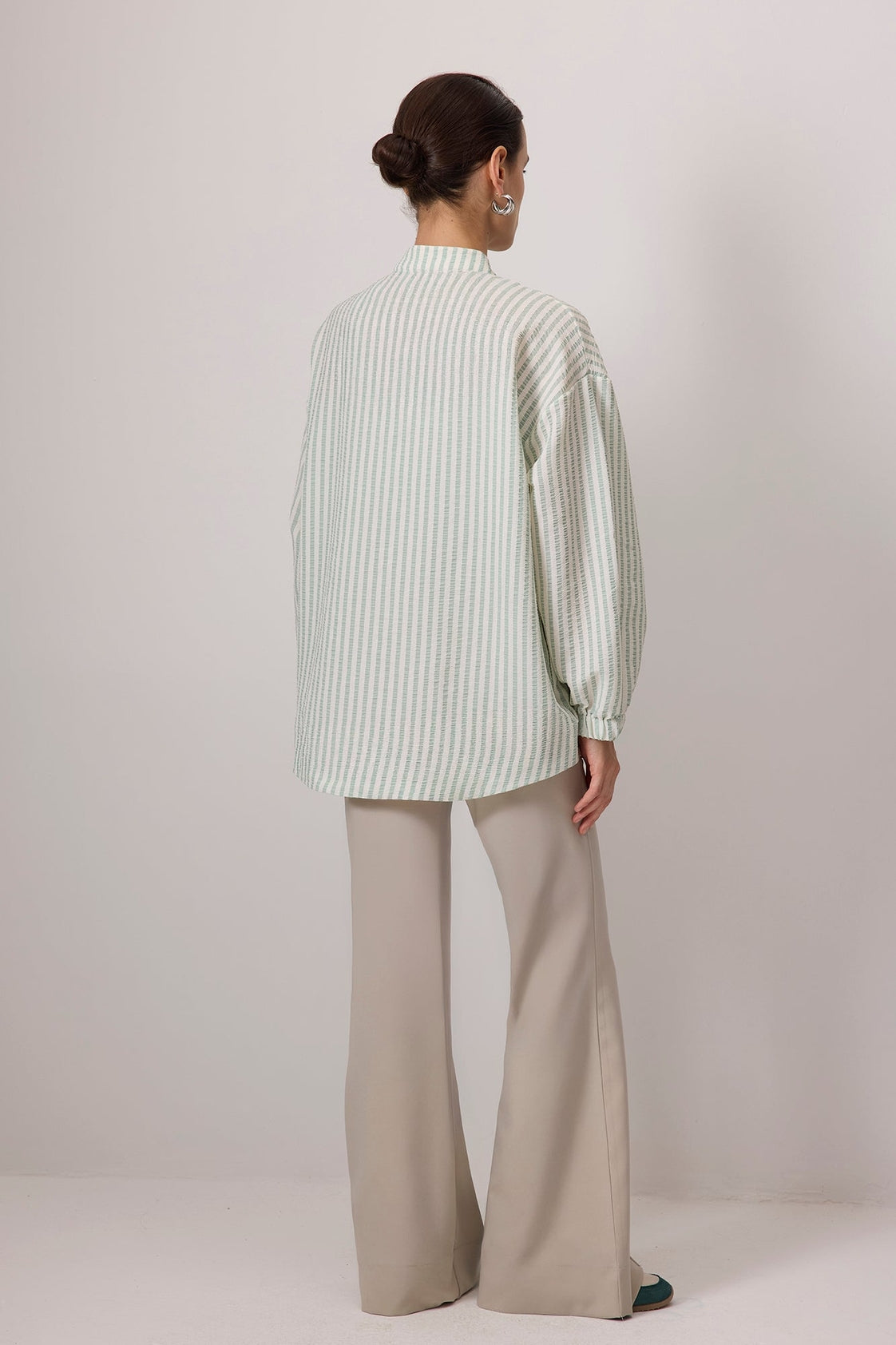 Striped Mandarin Collar Button Down Shirt - Green