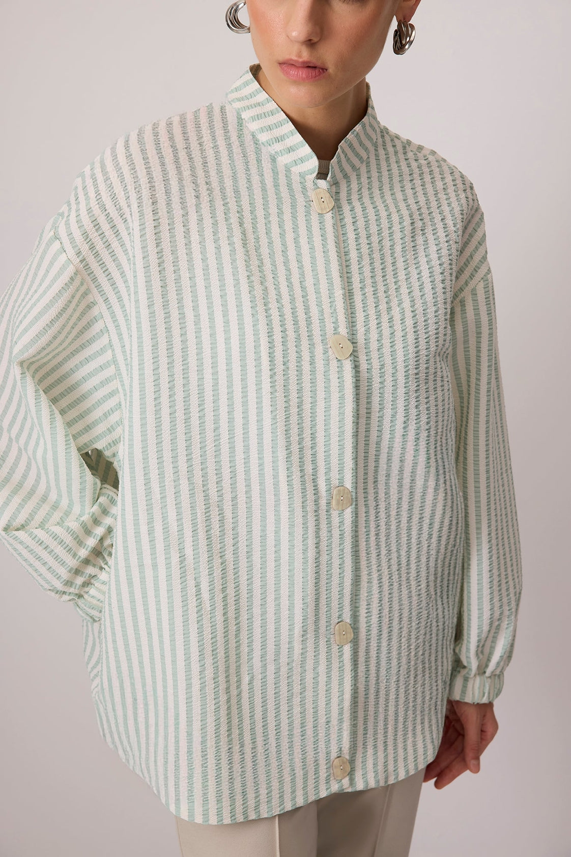 Striped Mandarin Collar Button Down Shirt - Green