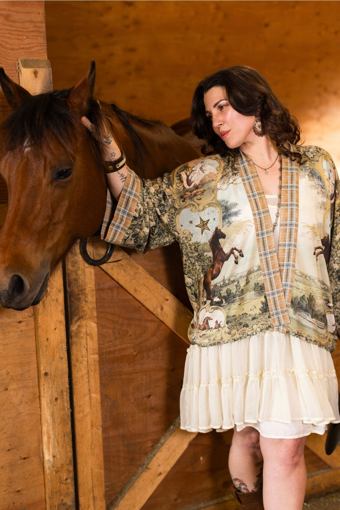 Market Of Stars - Born To Run - Pixie Cropped Bamboo Kimono Cardigan Duster - Wild Horse & Florals