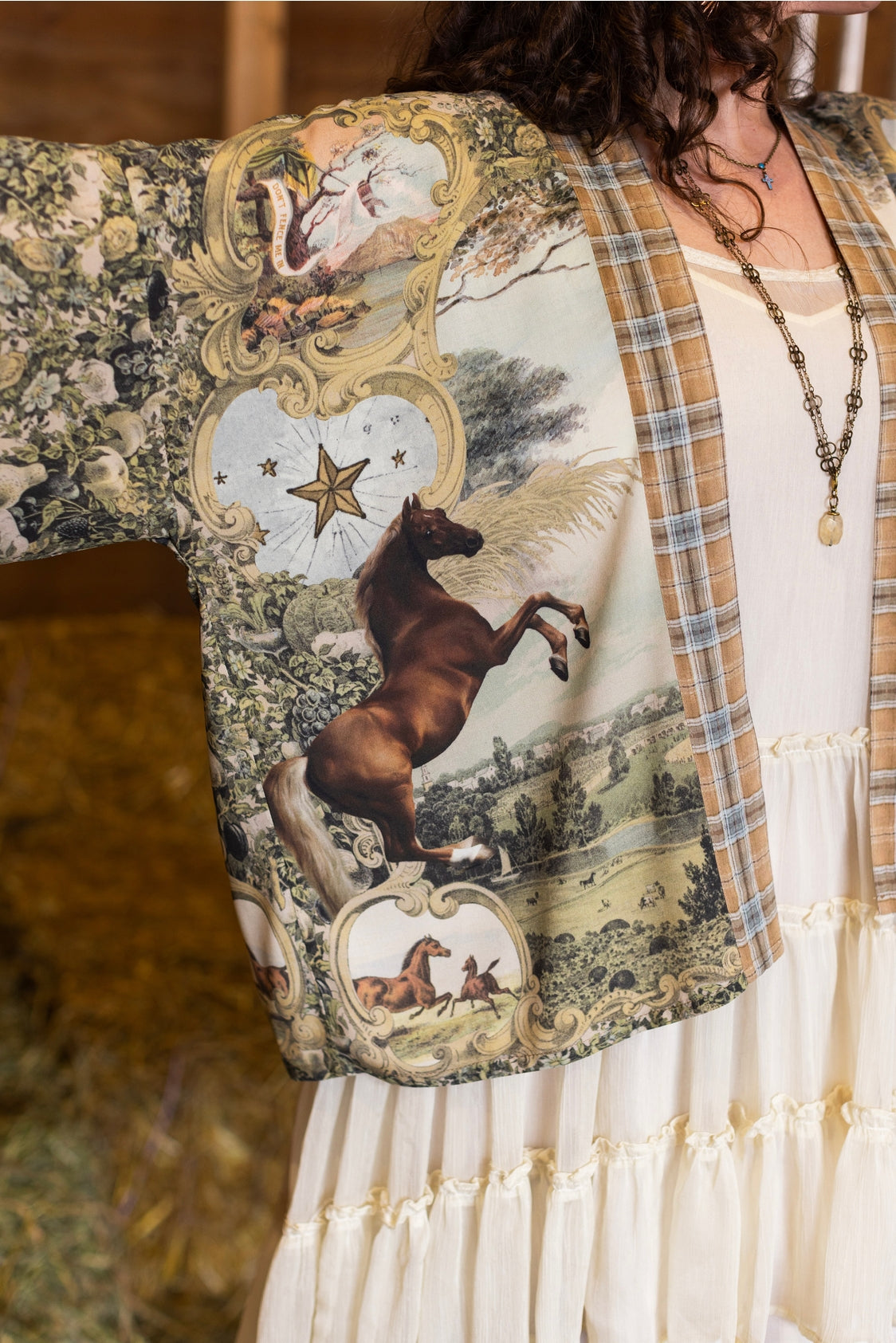 Market Of Stars - Born To Run - Pixie Cropped Bamboo Kimono Cardigan Duster - Wild Horse & Florals