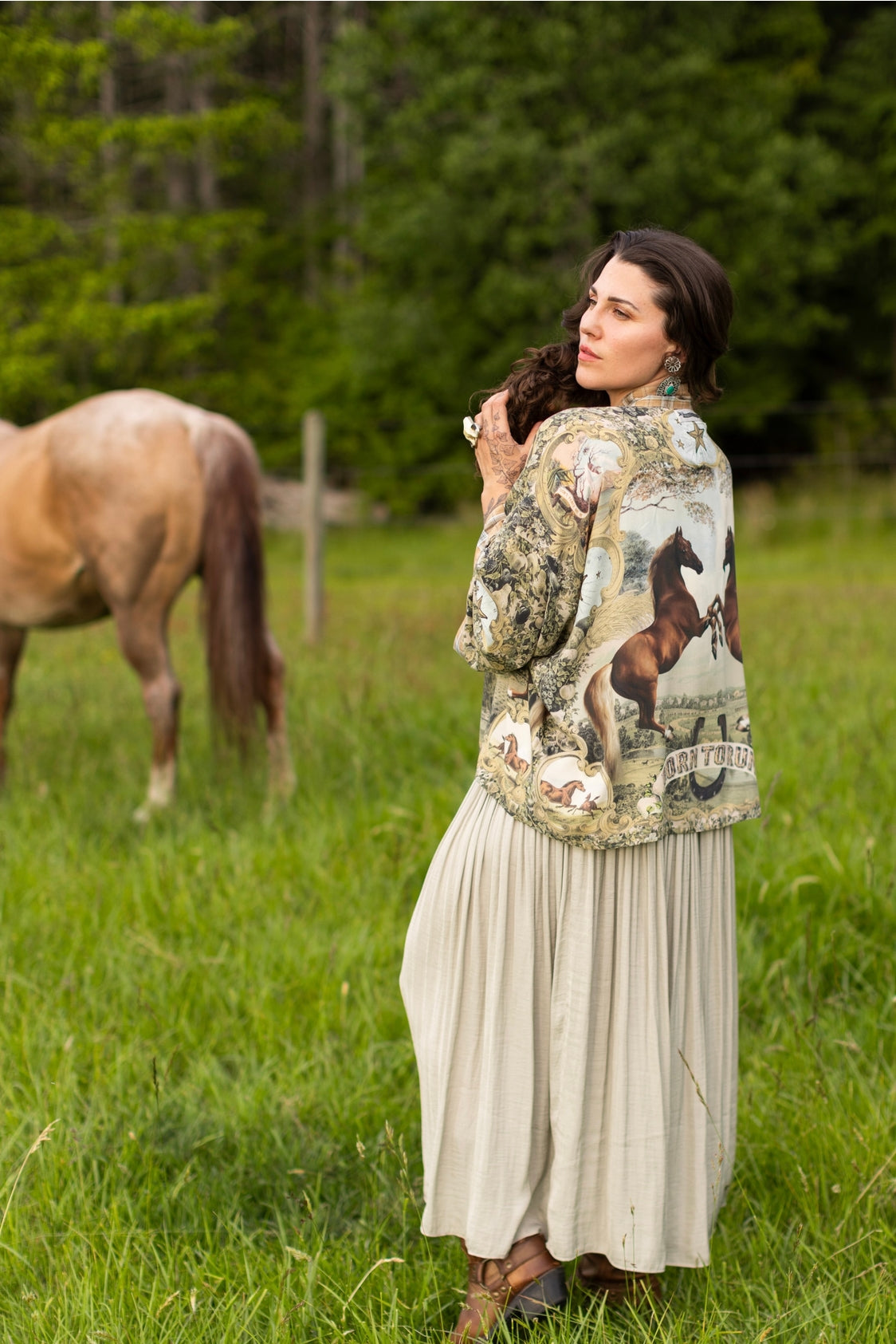 Market Of Stars - Born To Run - Pixie Cropped Bamboo Kimono Cardigan Duster - Wild Horse & Florals