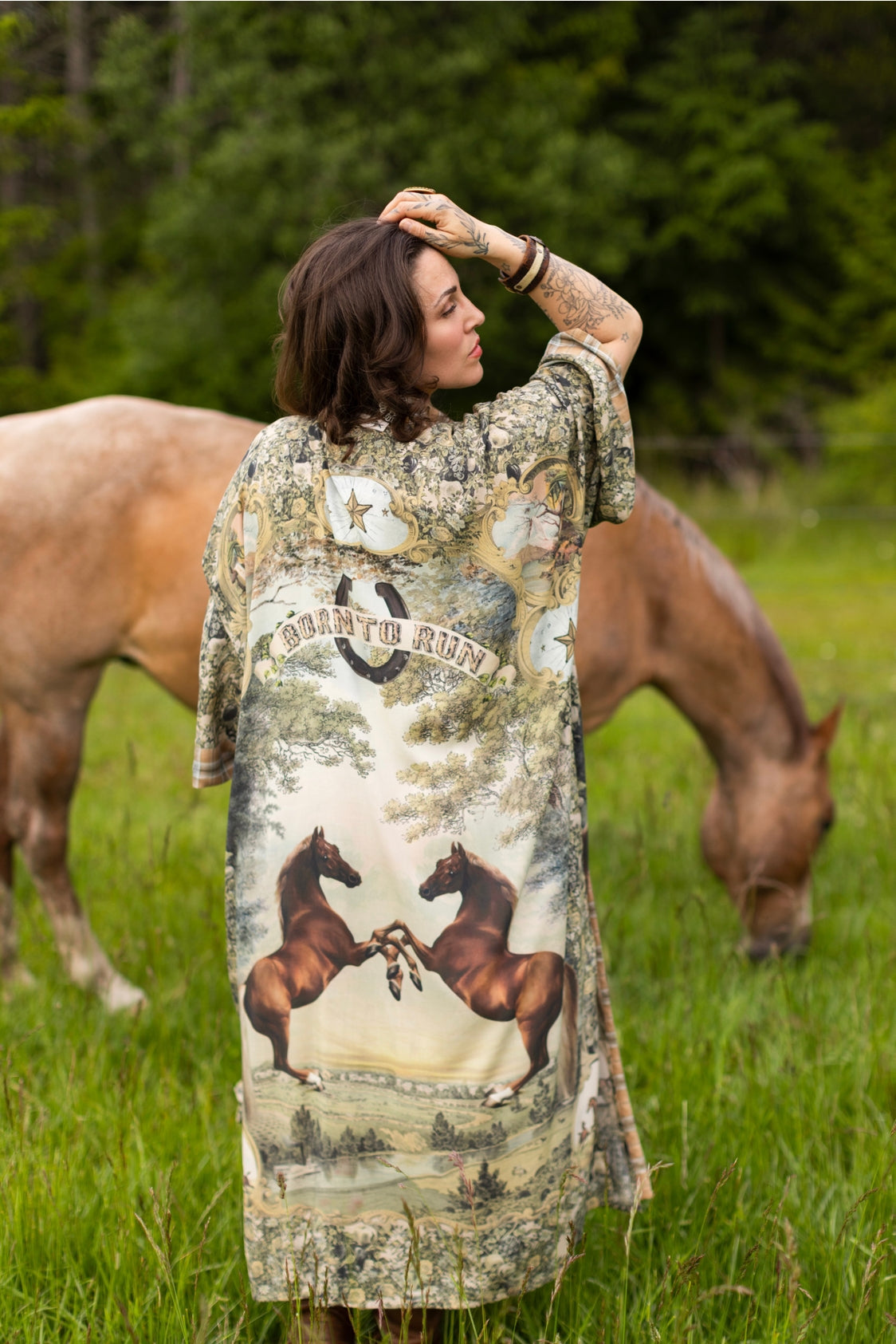 Market Of Stars - Born To Run - Opera Duster Kimono Coat Robe - Wild Horses & Floral