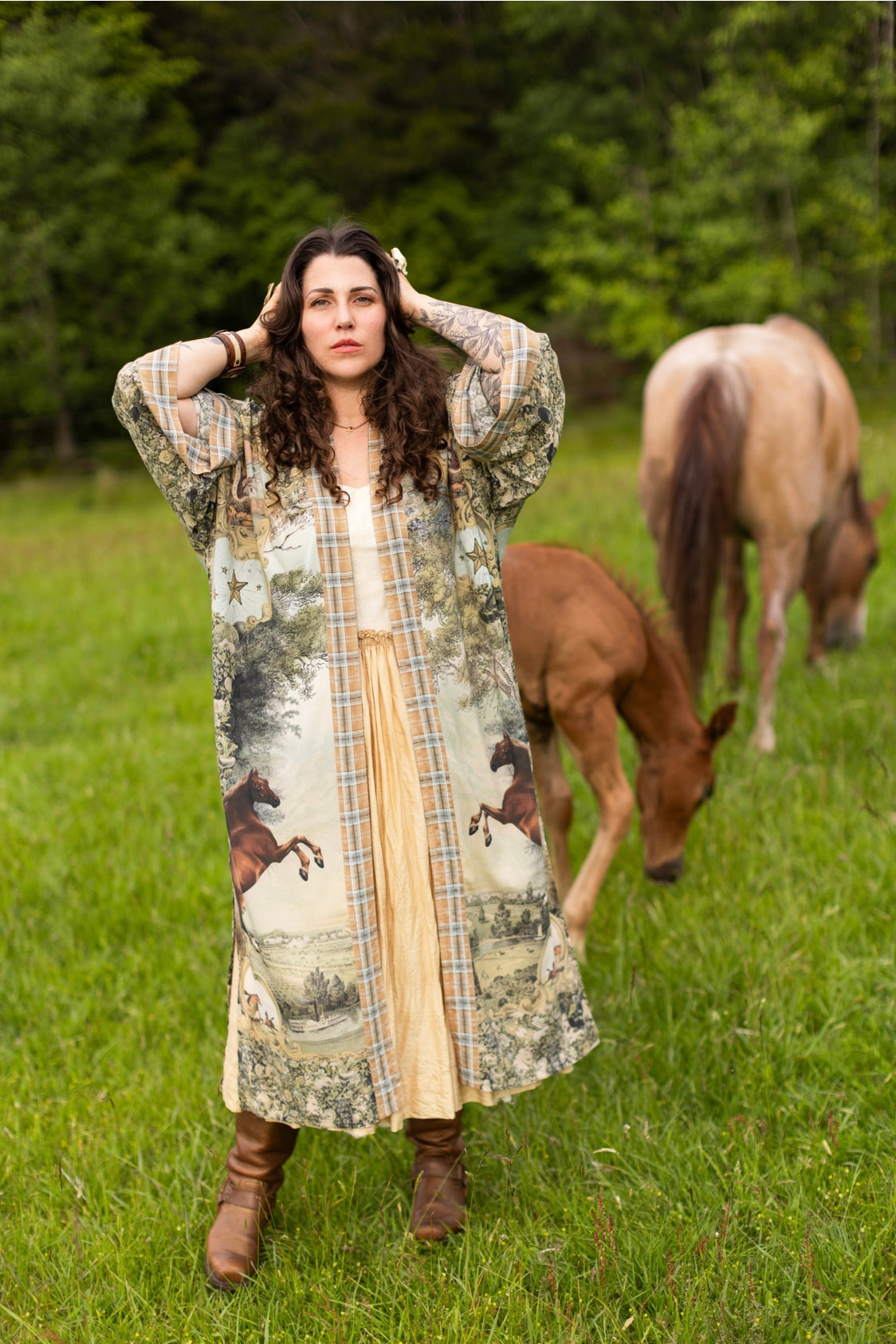 Market Of Stars - Born To Run - Opera Duster Kimono Coat Robe - Wild Horses & Floral