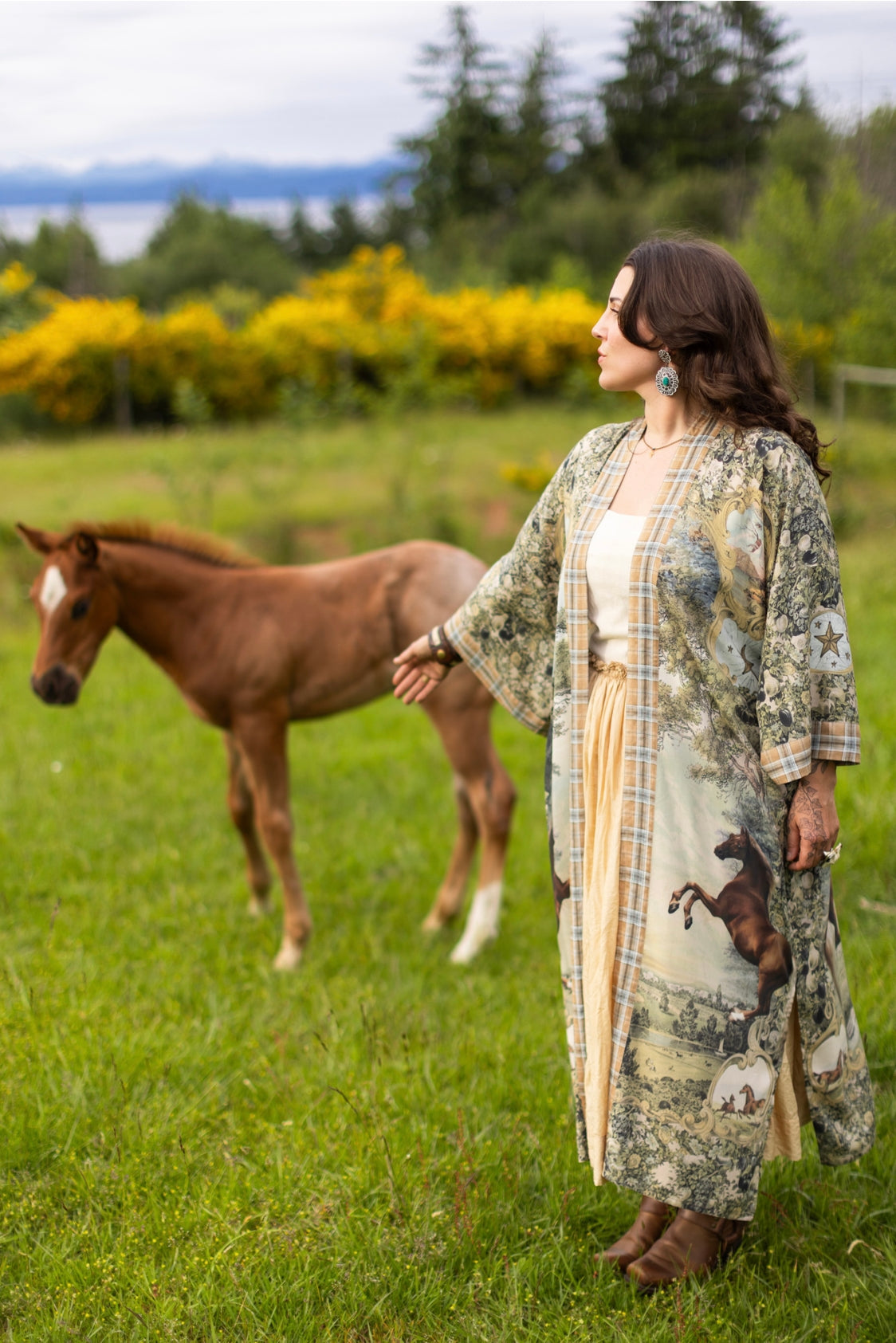 Market Of Stars - Born To Run - Opera Duster Kimono Coat Robe - Wild Horses & Floral