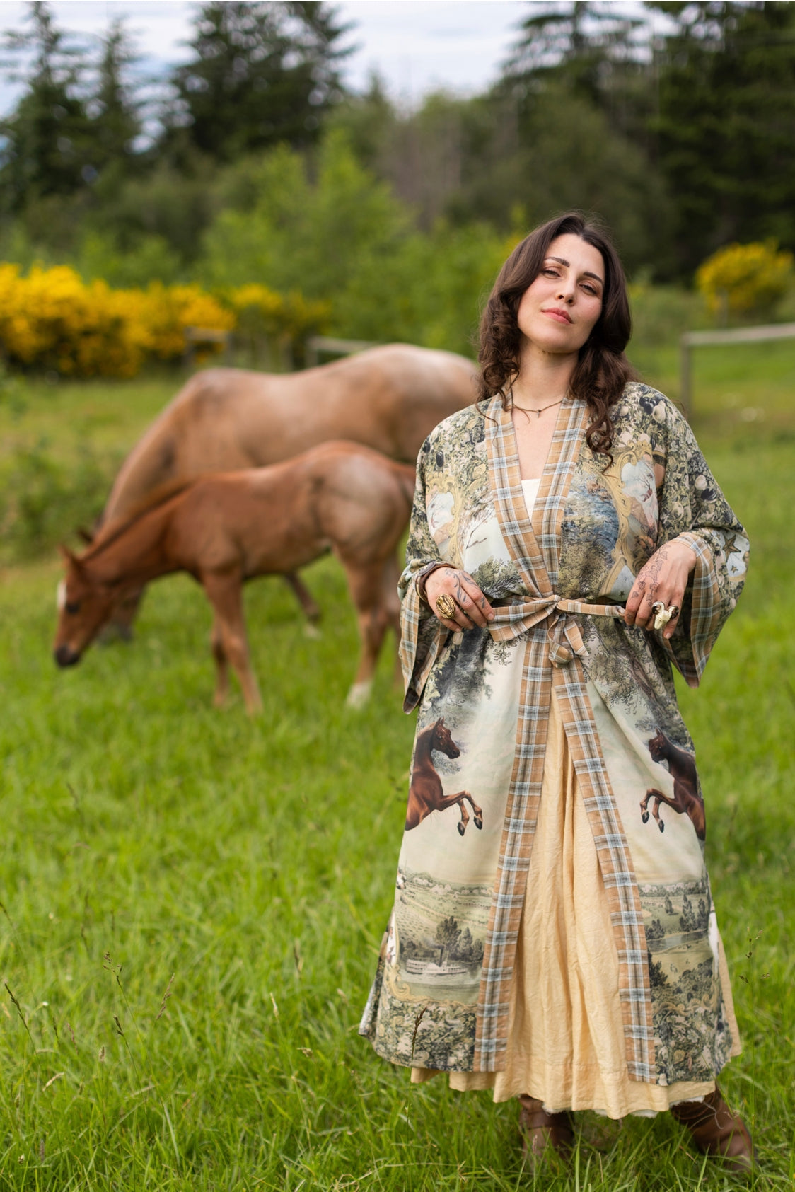 Market Of Stars - Born To Run - Opera Duster Kimono Coat Robe - Wild Horses & Floral