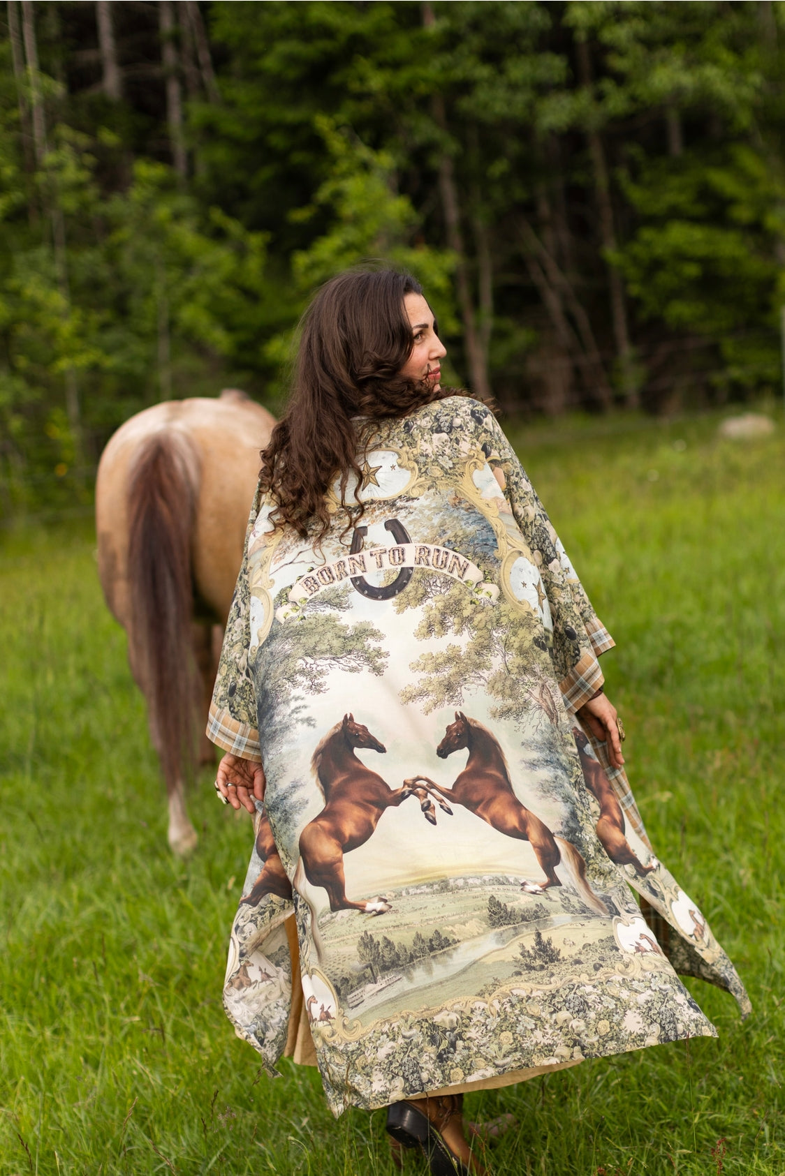 Market Of Stars - Born To Run - Opera Duster Kimono Coat Robe - Wild Horses & Floral