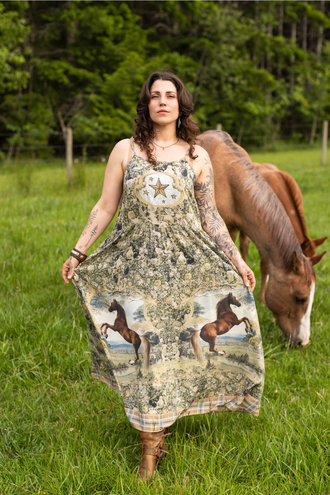 Market Of Stars - Born To Run - Print Bohemian Long Maxi Bamboo Slip Dress - Horse & Plaid