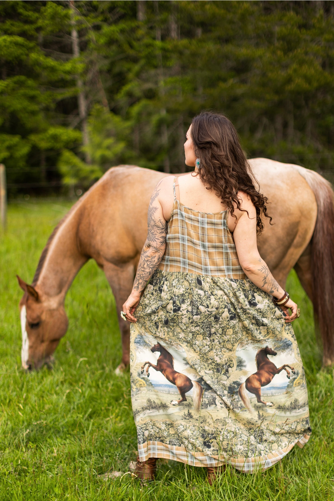 Market Of Stars - Born To Run - Print Bohemian Long Maxi Bamboo Slip Dress - Horse & Plaid