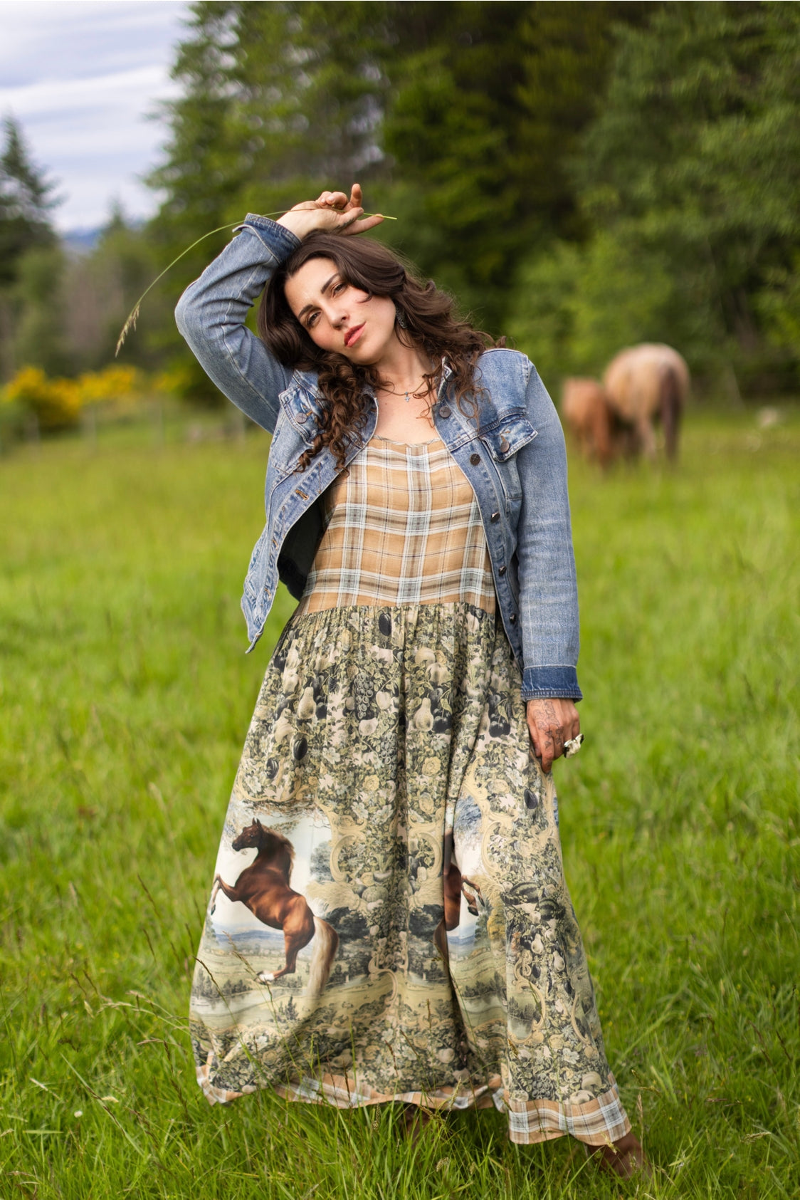 Market Of Stars - Born To Run - Print Bohemian Long Maxi Bamboo Slip Dress - Horse & Plaid