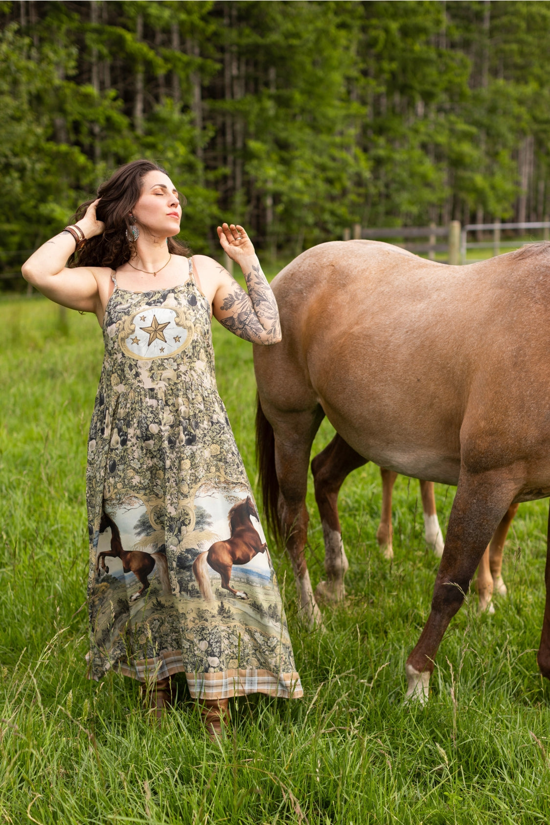 Market Of Stars - Born To Run - Print Bohemian Long Maxi Bamboo Slip Dress - Horse & Plaid