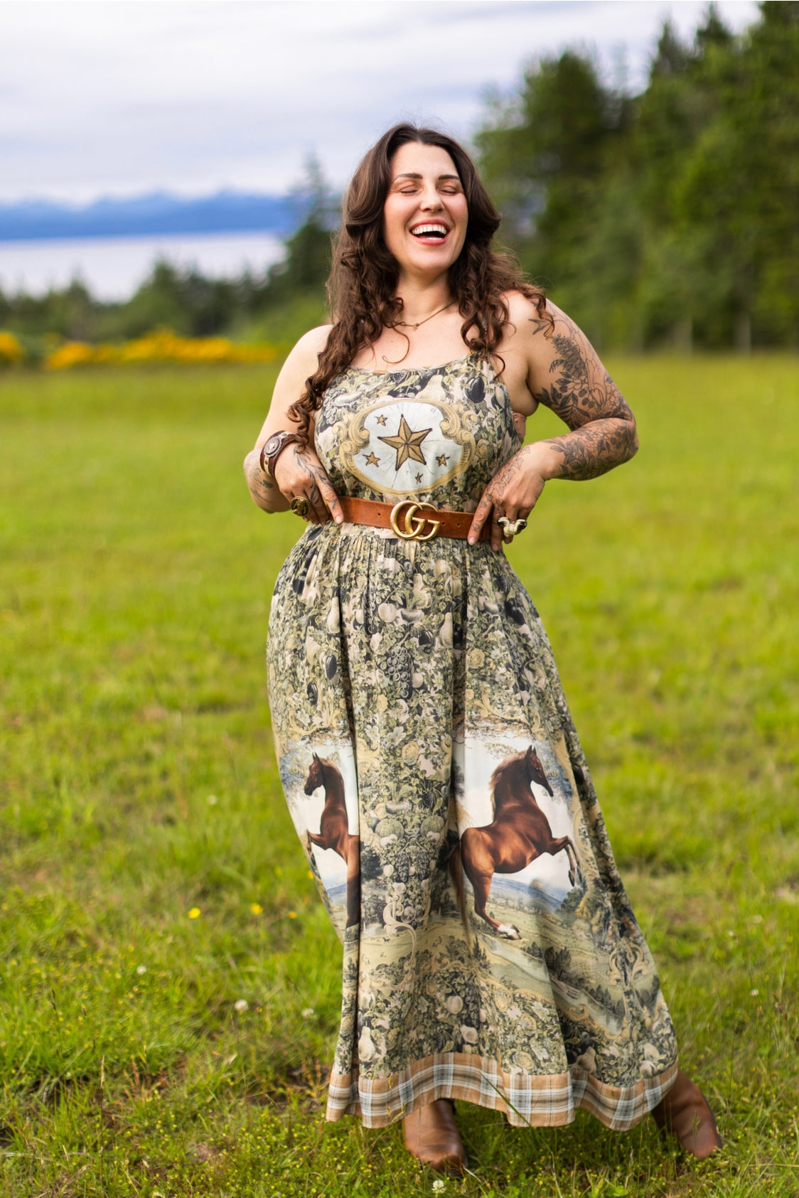 Market Of Stars - Born To Run - Print Bohemian Long Maxi Bamboo Slip Dress - Horse & Plaid